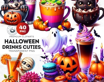 Halloween Drinks Cuties Clipart Set, Kawaii Spooky PNG (Digital Download)
