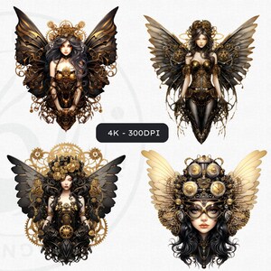 Steampunk Black and Gold Fairy Clipart PNG - A vintage inspired digital print featuring a captivating fairy, Victorian elegance, mythical elements, and more. Ideal for crafting, sublimation, decor, and imaginative projects. Digital prints