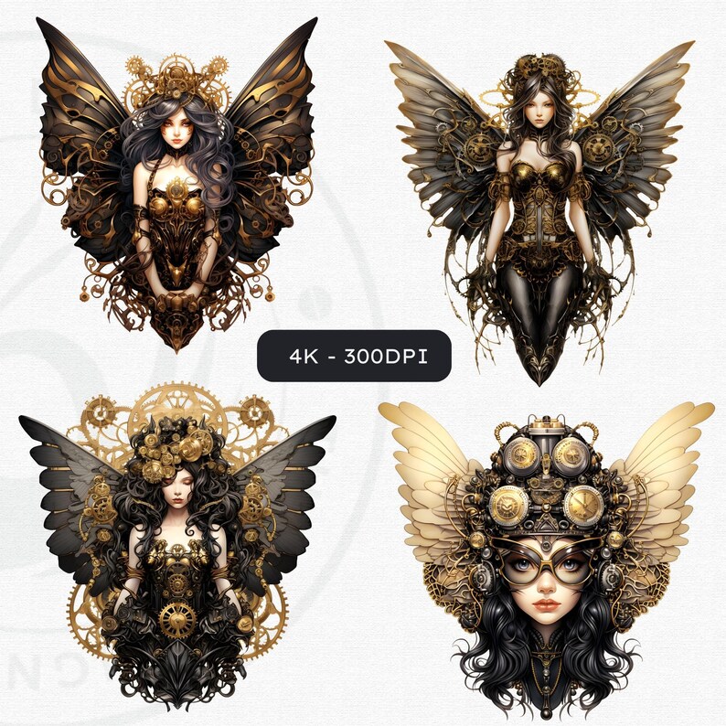 Steampunk Black and Gold Fairy Clipart PNG - A vintage inspired digital print featuring a captivating fairy, Victorian elegance, mythical elements, and more. Ideal for crafting, sublimation, decor, and imaginative projects. Digital prints