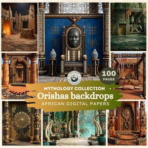 Könnte beinhalten: Eine Collage digitaler Kunst mit verschiedenen afrikanisch inspirierten Hintergründen. Die Bilder zeigen verzierte Throne, architektonische Details und natürliche Umgebungen. Der Text auf dem Bild lautet "Mythology Collection Orishas backdrops African Digital Papers."