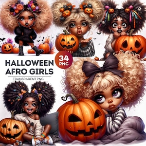 34 Cute Halloween Afro girl Clipart set, Black Girls Clipart, little Brown Girl, Halloween PNG, African american girl, Black Kids Halloween