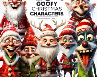 May include: A set of 20 goofy Christmas characters with a variety of expressions and poses. The characters are dressed in festive red and green clothing with white accents. The characters are all smiling and have a whimsical look. The image includes the text "GOOFY CHRISTMAS CHARACTERS TRANSPARENT PNG".