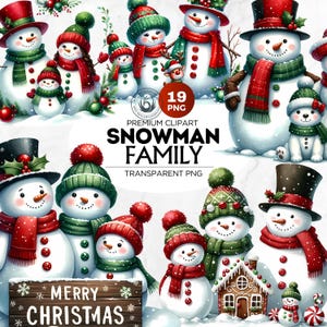 Familia de muñecos de nieve en acuarela, clipart PNG, ilustración de muñeco de nieve navideño, clipart de invierno para manualidades, tarjetas navideñas y diseños de sublimación
