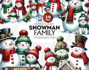 Clipart de família de bonecos de neve em aquarela: Pacote PNG de inverno e Natal