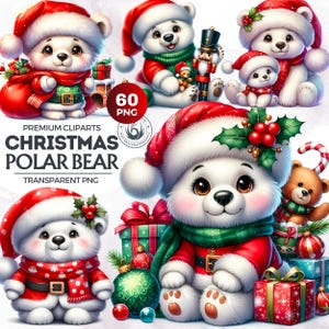 60 Cute Polar Bear Clipart Set, Christmas Bear ornaments, bear with santa hat, Christmas Clipart, Christmas cards, sublimation design PNG