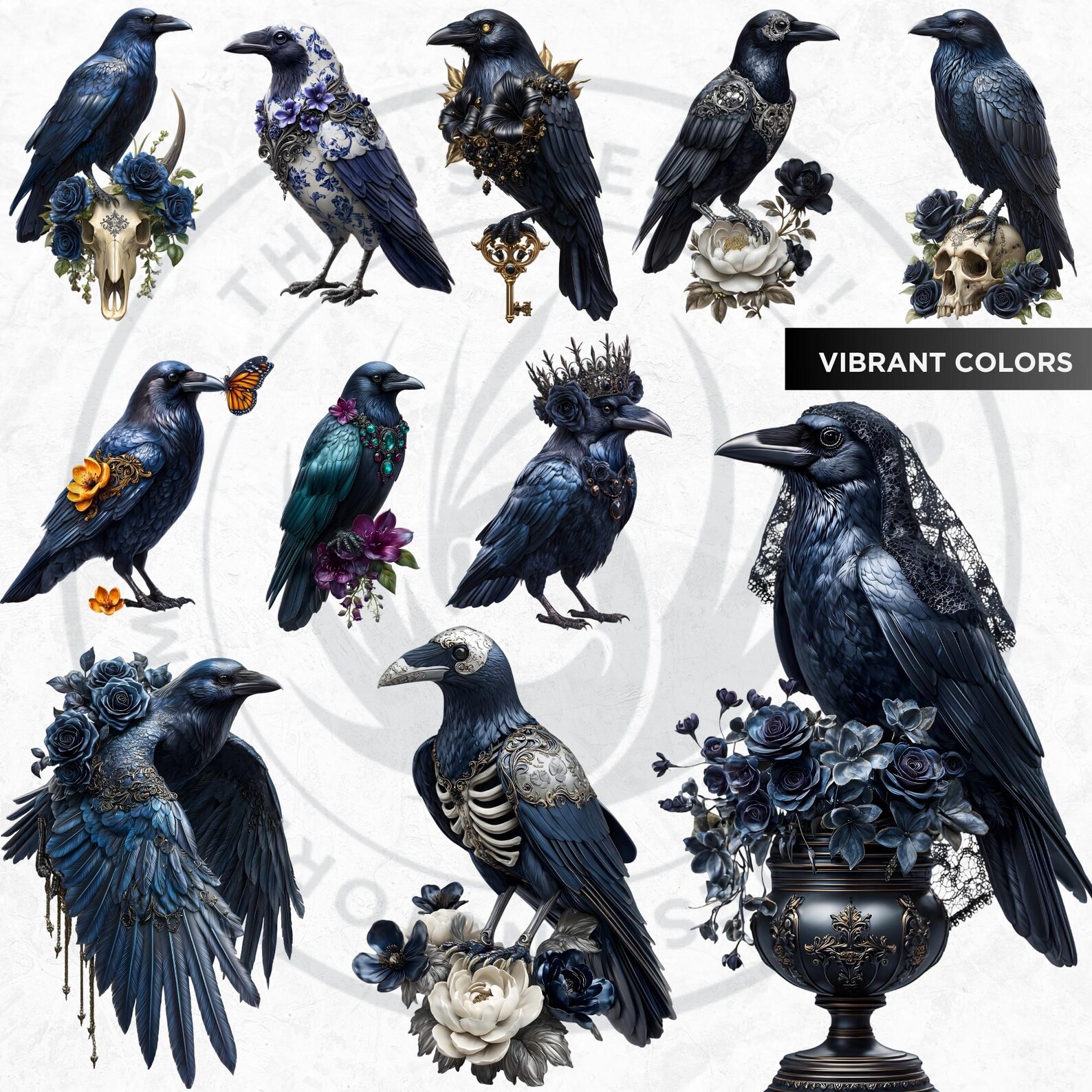 Floral Raven Clipart PNG, Gothic Steampunk Crow Graphics (digital ...