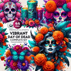Vibrant Floral Day of the Dead Clipart PNG Set, Floral Sugar Skull & La Catrina Art for Día de Muertos Craft and sublimation, Commercial use