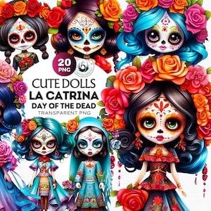 Cute dolls La Catrina Day of the dead PNG Clipart Día de Muertos Clipart, Sugar Skull PNG, Mexican Halloween bundle. Commercial use for POD