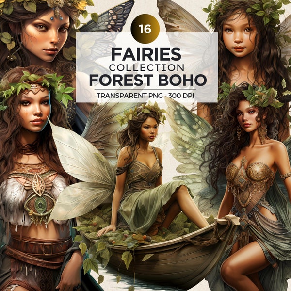 Boho Forest Fairy Clipart PNG, Green Fairies clip art, Bohemian clipart, Fairytale Bundle PNG for sublimation, Scrapbook, Junk Journal