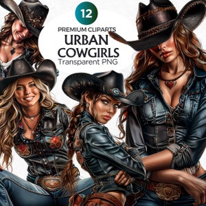 Set di clipart di cowgirl urbana, ritratto di cowgirl alla moda, cappello da cowgirl png, sublimazione western, arte western, illustrazioni del selvaggio West, ragazza americana