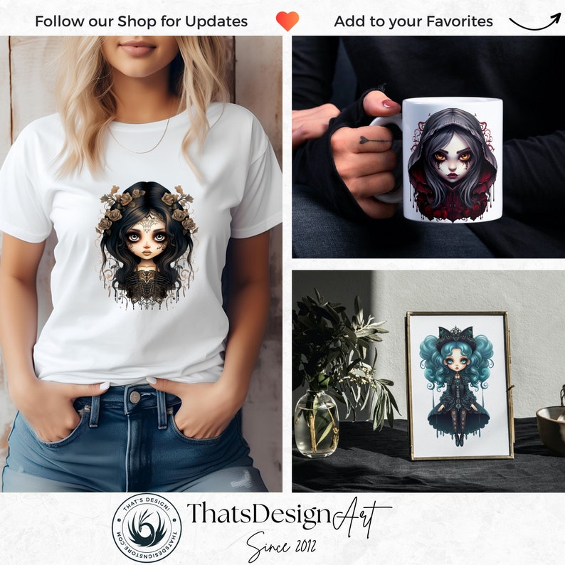 May include: A set of three products featuring a dark-haired girl with a gothic aesthetic. The products include a white t-shirt with a graphic print of the girl, a white mug with a graphic print of the girl, and a framed print of the girl. The text "ThatsDesignArt Since 2012" is visible at the bottom of the image.