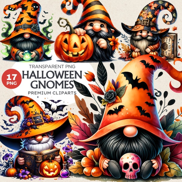 17 Halloween gnomes Clipart set, witch hat, pumpkins, skulls, magical potion, Halloween png, Spooky season, Kids Halloween digital prints