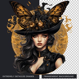 Steampunk Black and Gold Fairy Clipart PNG - A vintage inspired digital print featuring a captivating fairy, Victorian elegance, mythical elements, and more. Ideal for crafting, sublimation, decor, and imaginative projects. Digital prints