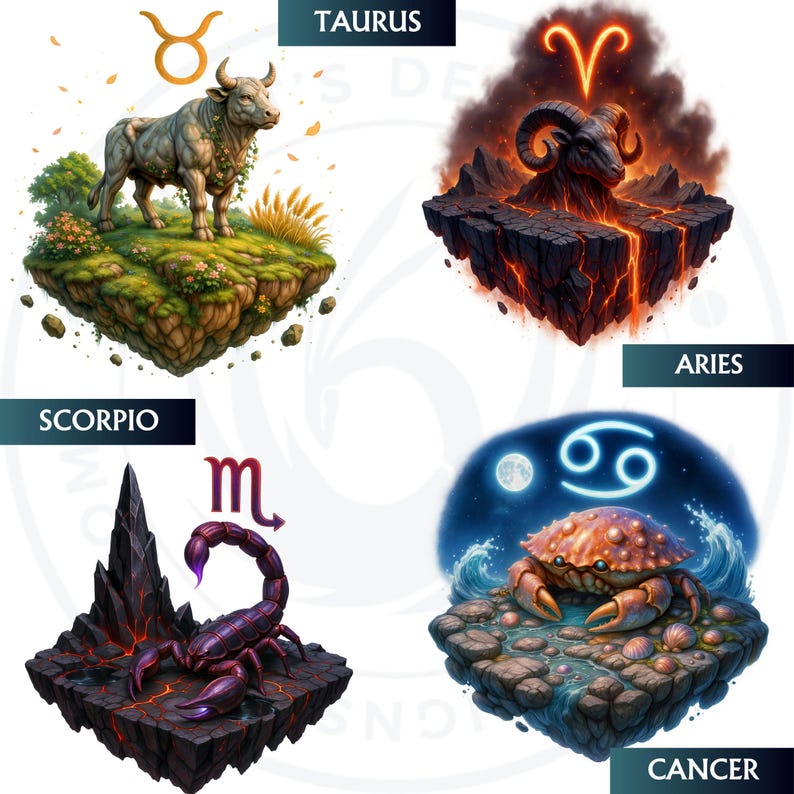 Floating islands Zodiac Clipart Set, Astrology clipart, horoscope signs, Fantasy Clipart, Celestial clipart, zodiac sublimation, zodiac png