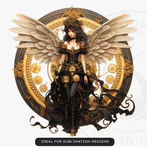 Steampunk Black and Gold Fairy Clipart PNG - A vintage inspired digital print featuring a captivating fairy, Victorian elegance, mythical elements, and more. Ideal for crafting, sublimation, decor, and imaginative projects. Digital prints