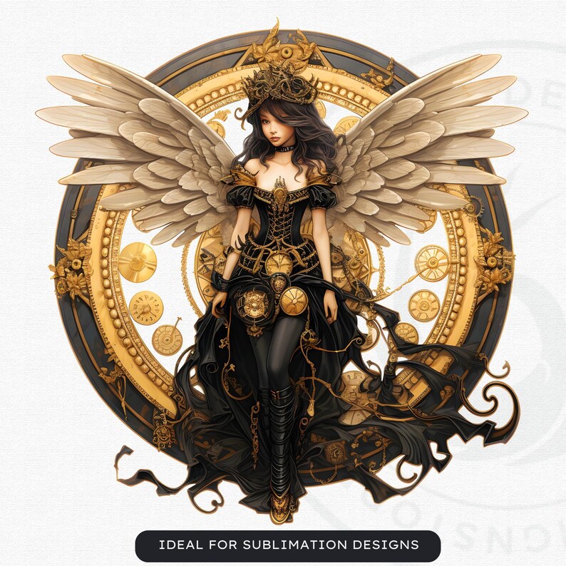 Steampunk Black and Gold Fairy Clipart PNG - A vintage inspired digital print featuring a captivating fairy, Victorian elegance, mythical elements, and more. Ideal for crafting, sublimation, decor, and imaginative projects. Digital prints