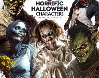 Könnte beinhalten: Ein Set mit 40 digitalen Illustrationen von gruseligen Halloween-Charakteren. Die Charaktere umfassen einen Zombie, einen Ghul, ein Monster, eine Puppe und eine Schwein-ähnliche Kreatur. Die Illustrationen sind im Cartoon-Stil gehalten und eignen sich perfekt für die Verwendung in Halloween-Projekten.