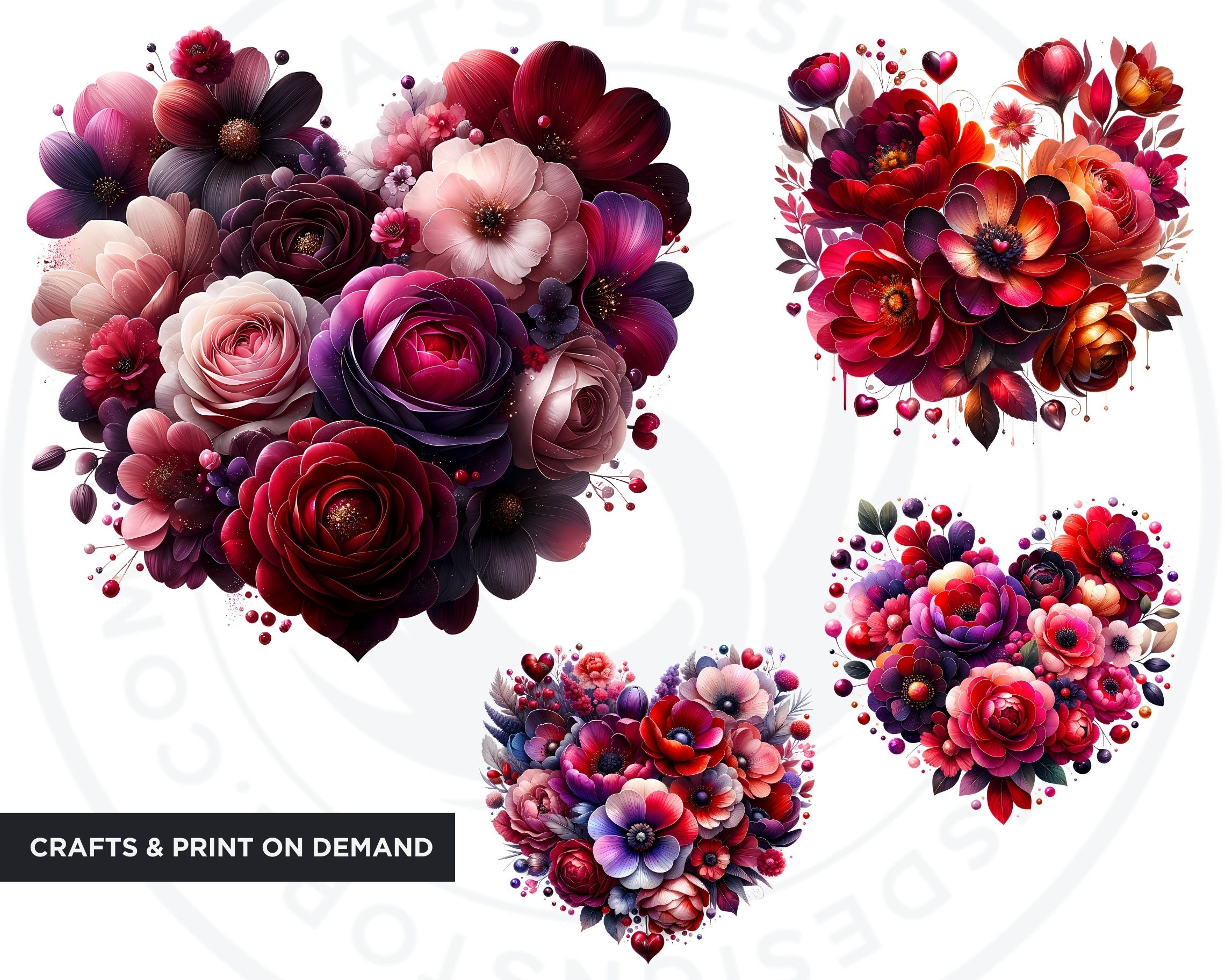 Watercolor Valentine's Heart Floral Wreath Clipart (PNG Digital ...