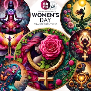 24 ensemble de cliparts pour la Journée internationale de la femme v1, symbole féminin, fille florale, journée de la femme, hommage à une femme, cliparts femmes dynamiques, 8 mars