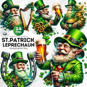 St Patrick's Day Leprechaun Watercolor Clipart Set, Leprechaun Clipart PNG, Lucky Saint Patrick, Shamrock Illustration PNG. commercial use
