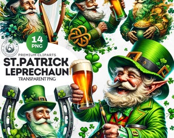 St Patrick&#39;s Day Leprechaun Watercolor Clipart Set, Leprechaun Clipart PNG, Lucky Saint Patrick, Shamrock Illustration PNG. commercial use