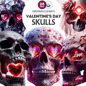 Valentijnsdag schedel clipartbundel, 25 gothic liefde png-afbeeldingen voor donkere romantiek, gotische illustraties, schedel png, hart schedel sublimatie, schedels