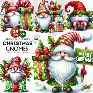 35 Watercolor Christmas Gnomes clipart Set V4, Gifts clipart, Traditional Christmas clipart PNG, Truck, gifts, Merry Christmas, funny gnomes