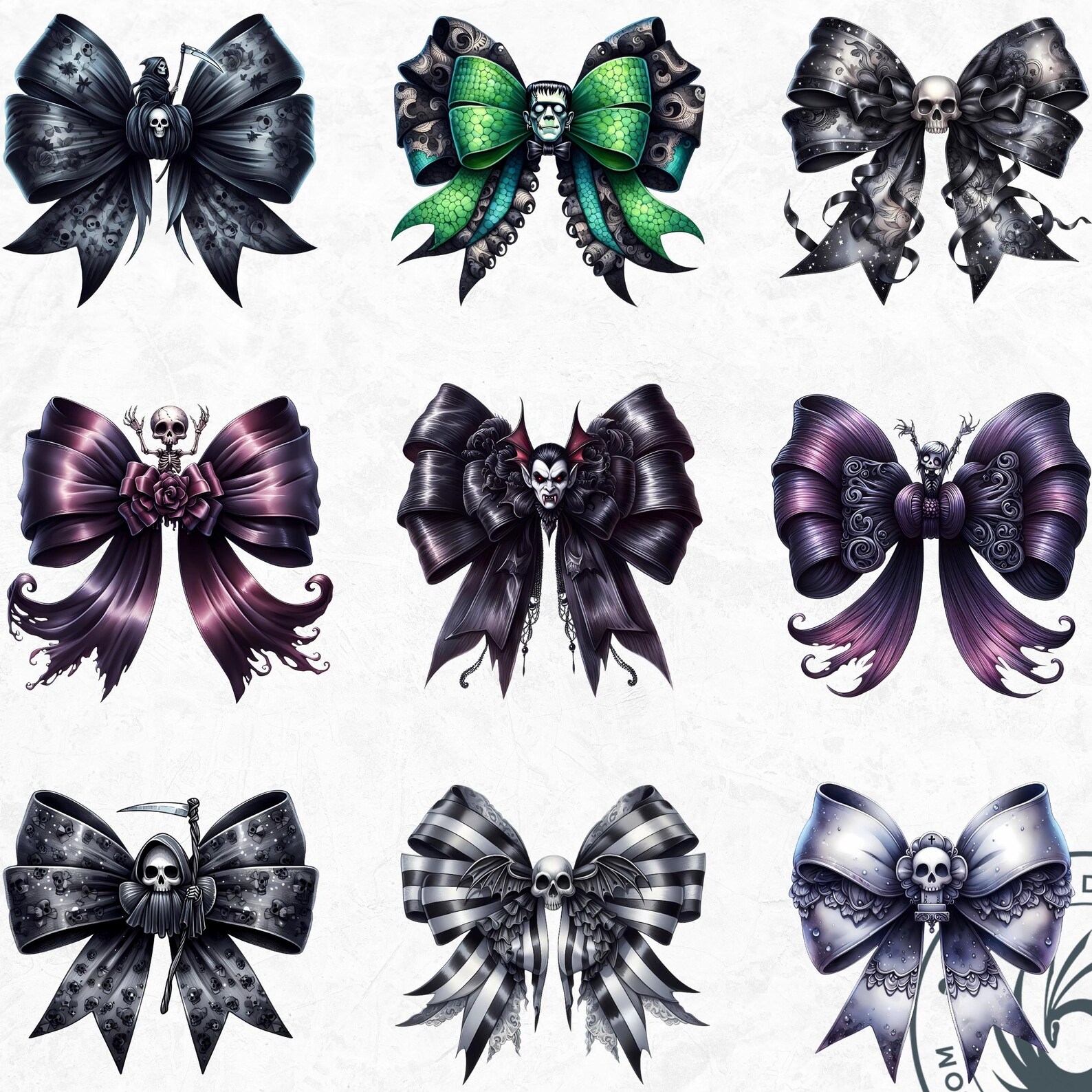 Gothic Halloween Bow Clipart Set: Spooky Characters (PNG Digital ...