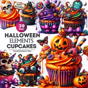 39 Halloween Cupcake Clipart Set, Halloween png, Halloween treats png,Pumpkin, skeleton, haunted house,Festive Cupcake,Halloween Sublimation
