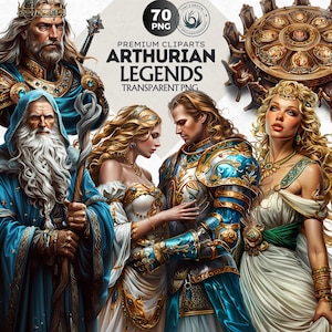 70 Arthurian Legends Clipart Set, Medieval,Fantasy Art, King Arthur, Merlin, Excalibur, knights, rounded table, Queen Guinevere, Lancelot