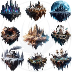 Floating Islands Ecosystem Cliparts - 30 Magical PNG Set for Sublimation and Crafts, RPG & POD. Fantasy Islands png, Nature Fantasy art