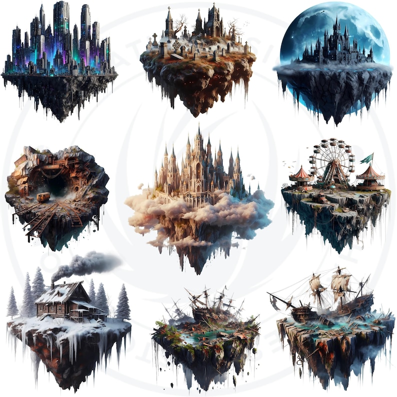 Floating Islands Ecosystem Cliparts - 30 Magical PNG Set for Sublimation and Crafts, RPG & POD. Fantasy Islands png, Nature Fantasy art