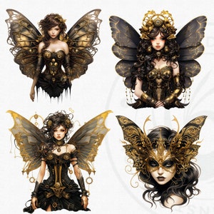 Steampunk Black and Gold Fairy Clipart PNG - A vintage inspired digital print featuring a captivating fairy, Victorian elegance, mythical elements, and more. Ideal for crafting, sublimation, decor, and imaginative projects. Digital prints