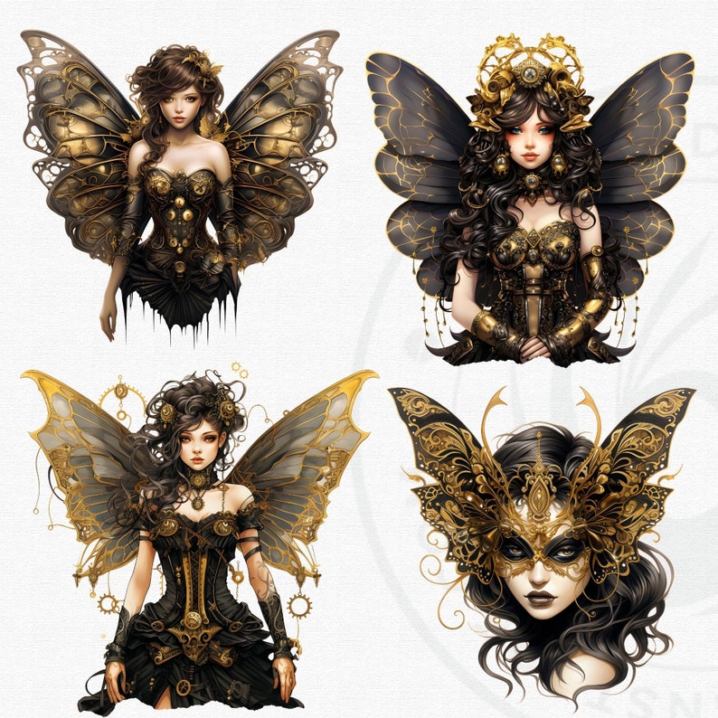 Steampunk Black and Gold Fairy Clipart PNG - A vintage inspired digital print featuring a captivating fairy, Victorian elegance, mythical elements, and more. Ideal for crafting, sublimation, decor, and imaginative projects. Digital prints