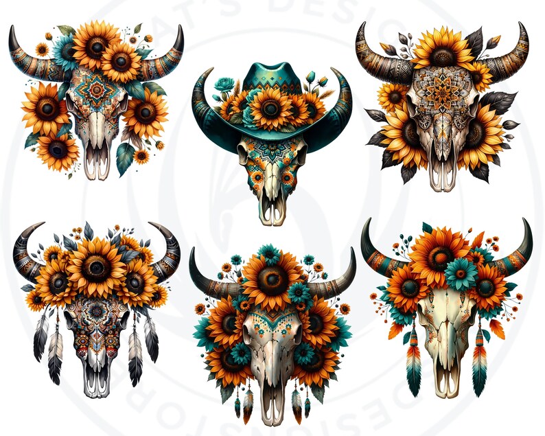 Floral Bull skull PNG clipart, Boho western PNG, Western Sublimation, floral cow skull with feathers crafts and sublimation. Commercial use