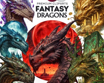 May include: A set of 40 fantasy dragon clipart images. The dragons are depicted in various poses and with different colors, including purple, blue, green, gold, and black. The dragons are set against a variety of backgrounds, including a moon, a red sky, and a forest.