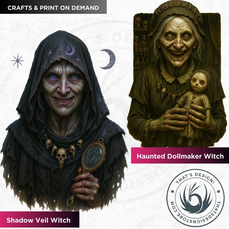 Horrific Halloween Witch Clipart Set V1, Bad witch Halloween Clipart, Spooky Halloween prints | Transparent PNG for craft and sublimation