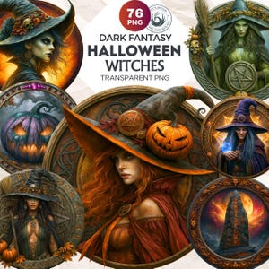 Könnte beinhalten: Eine digitale Sammlung von 76 PNG-Dateien mit Dark-Fantasy-Halloween-Hexen, Kürbissen und mystischen Symbolen. Die Bilder zeigen kreisförmig gerahmte Porträts von Hexen mit spitzen Hüten, leuchtende Kürbisse und steinerne Monolithen.