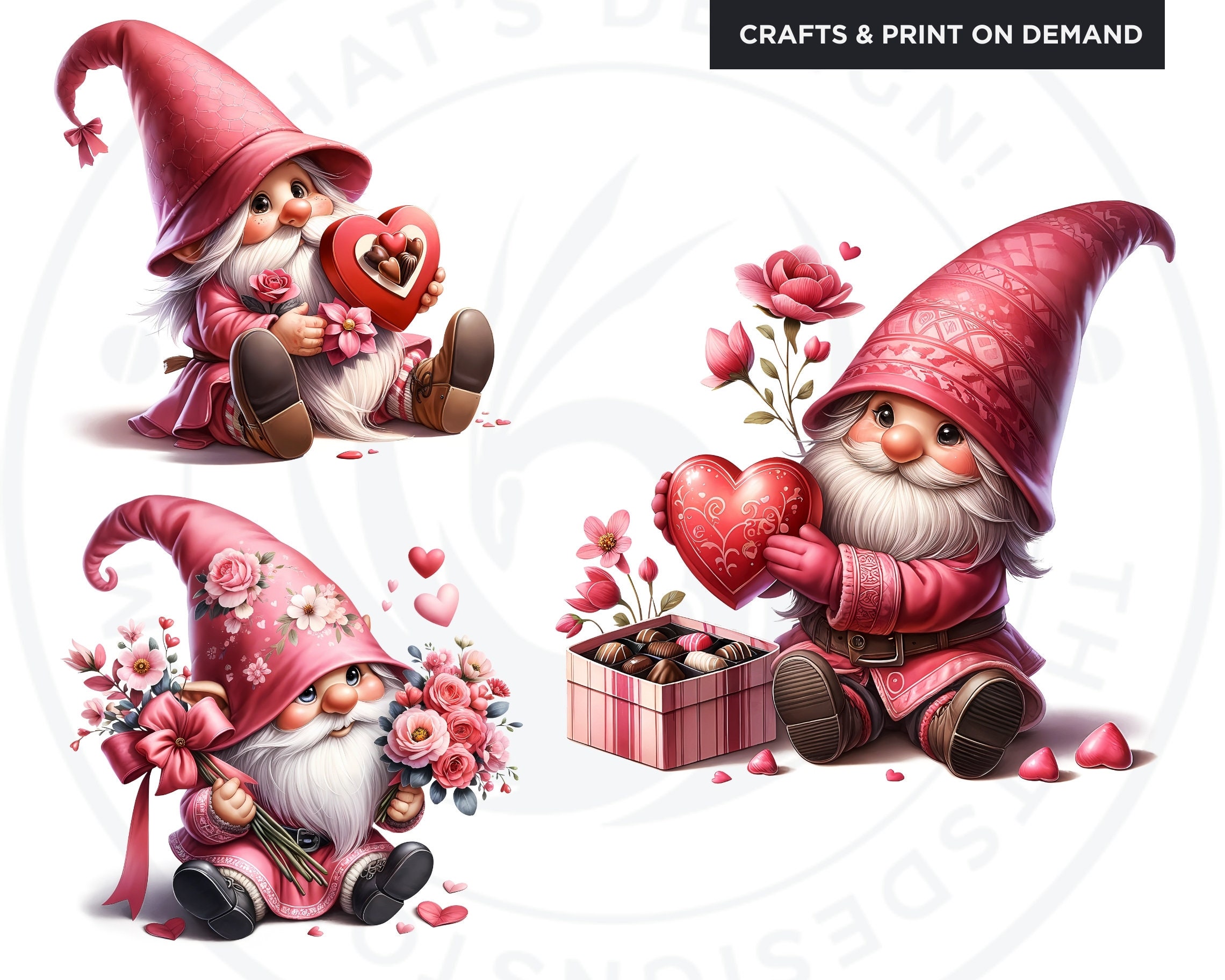 Pink Valentine Gnomes Clipart: Pastel Watercolor PNG (commercial Use ...
