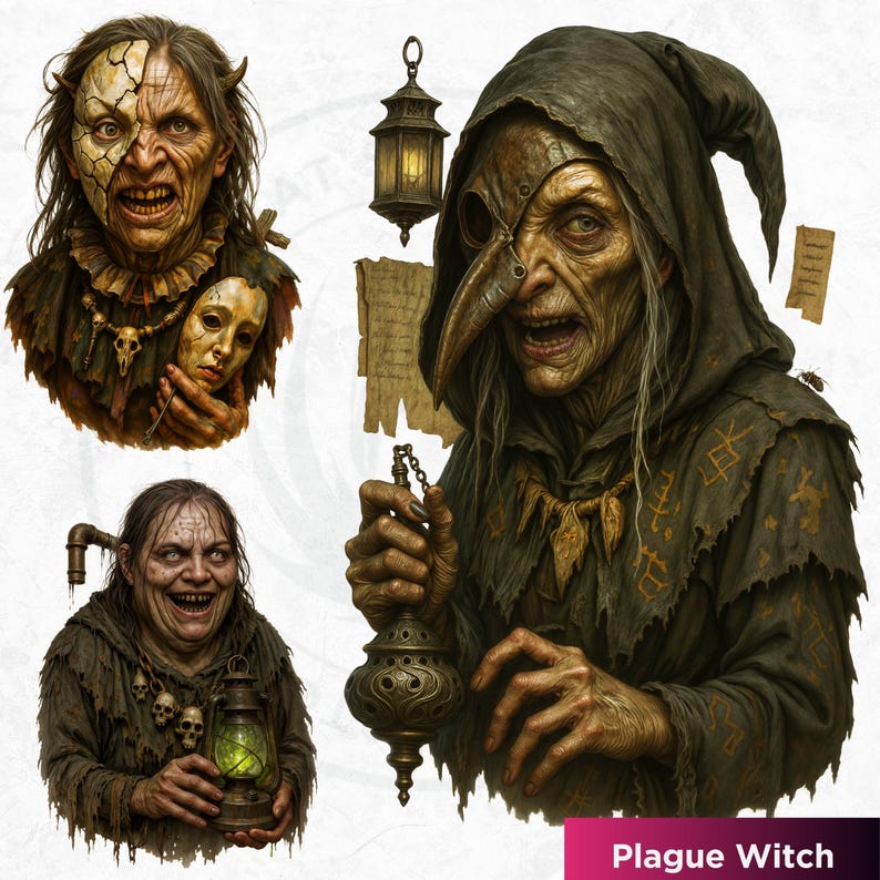 Horrific Halloween Witch Clipart Set V1, Bad witch Halloween Clipart, Spooky Halloween prints | Transparent PNG for craft and sublimation