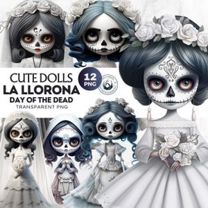 Tag der Toten Niedliche Puppen La Llorona PNG Clipart, Dia de Los Muertos Clipart, Zuckerschädel für mexikanische Halloween-Set. Kommerzielle Nutzung für POD