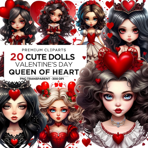 Cute dolls Valentine clipart PNG Set, Romantic PNG, Valentines day PNG, Queen of heart, Love graphics, valentine sublimation. Commercial use