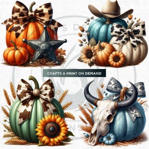 Fall Western Coquette Pumpkins PNG set, Cowgirl Fall Decor Clipart, Boho Autumn pumpkin with sunflower, Autumn harvest, Commercial use