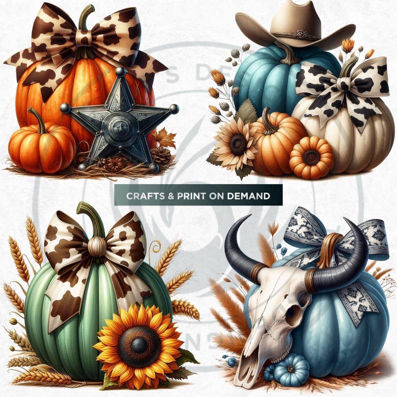 Fall Western Coquette Pumpkins PNG set, Cowgirl Fall Decor Clipart, Boho Autumn pumpkin with sunflower, Autumn harvest, Commercial use