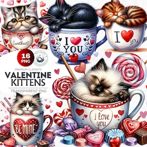 Valentine kitten Clipart, Kitten Valentines day PNG, Cute kitten sublimation, nursery decor, Valentines day clipart. Transparent background
