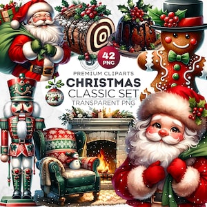 Paquete de imágenes prediseñadas navideñas tradicionales en acuarela. Diseño PNG navideño vintage para sublimación, adornos navideños y manualidades. Uso comercial.