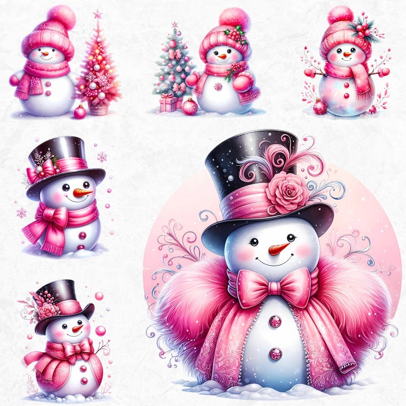 Watercolor Pink Snowman PNG Clipart Set V2, Cute Christmas Snowman