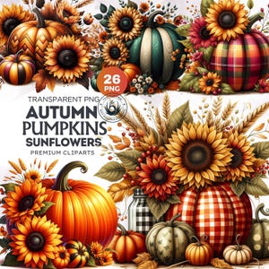 26 Autumn Pumpkin with Sunflower Clipart Set, Fall Clipart, Autumn harvest, Fall Season, Sunflower PNG, Thanksgiving, Pumpkin sublimation