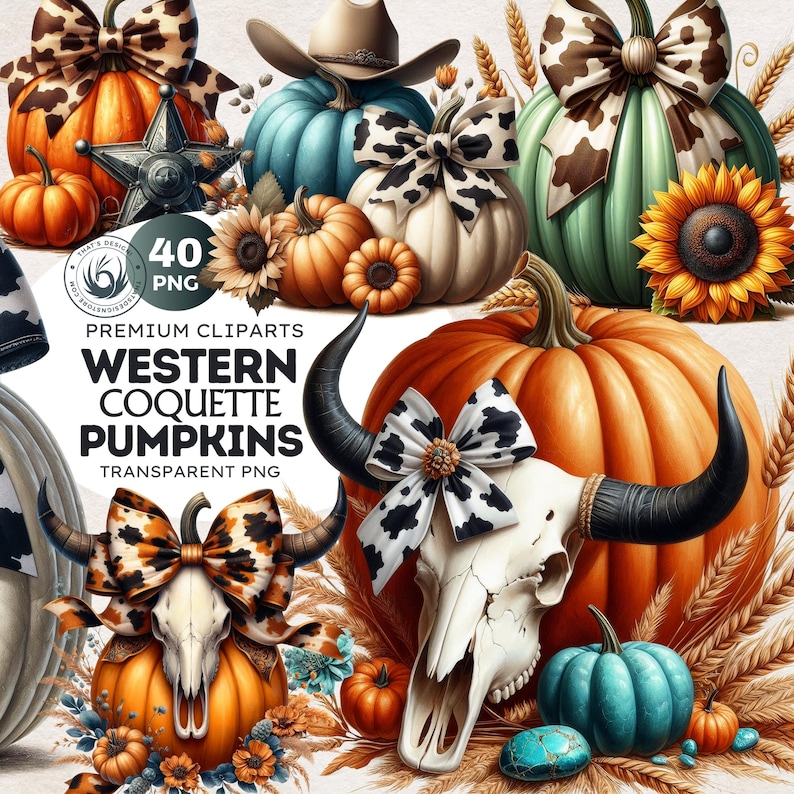 Autumn Cow print pumpkin clipart PNG, Western Fall Coquette Pumpkins, Cowgirl Clipart, Boho bull skull turquoise pumpkin, sunflower and bow