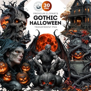 Gothic Halloween Clipart PNG Set, Halloween Characters, Spooky Skeletons & Pumpkins | Halloween digital prints | Halloween clip art PNG